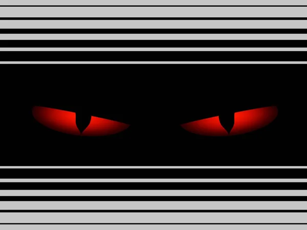 黒い縞が付いている灰色の背景の上の黒いパネルの邪悪な赤い目 — ストックベクタ