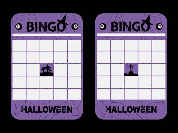 Copia Blanco Espacio Halloween Purple Bingo Tarjetas Decoradas Con Telarañas — Vector de stock