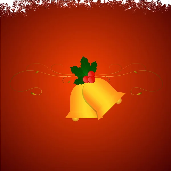 红色节日广场圣诞背景与雪和绿色荷莉叶附赠的两个金色铃铛及花卉摘要设计中的白杨 — 图库矢量图片