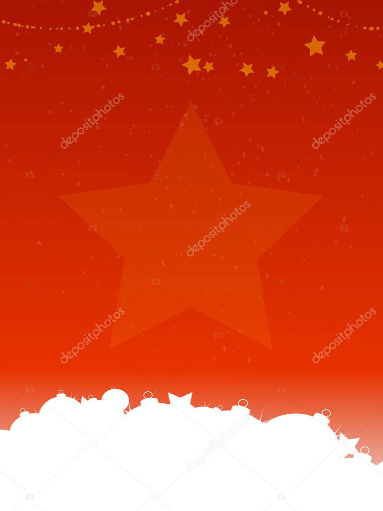 Christmas Red Festive Blank Copy Space Sheet Decorated With Stars And White Baubles Silhouette At The Bottom Of The Page