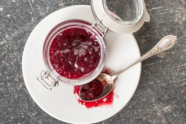 Gelée Confiture Framboises Dans Pot Vue Dessus — Photo