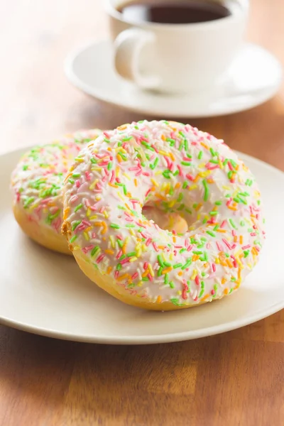 Sweet Sprinkled Donuts Wooden Table — Stock Photo, Image