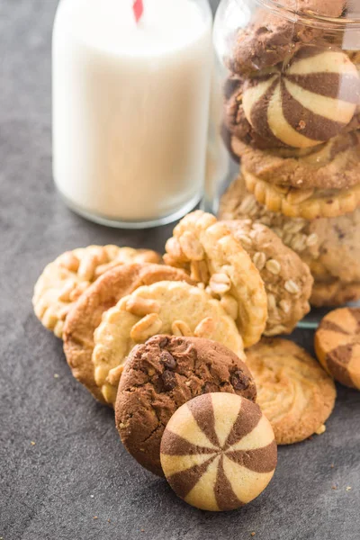 Different Types Sweet Cookies Bottle Milk — Stock Photo, Image