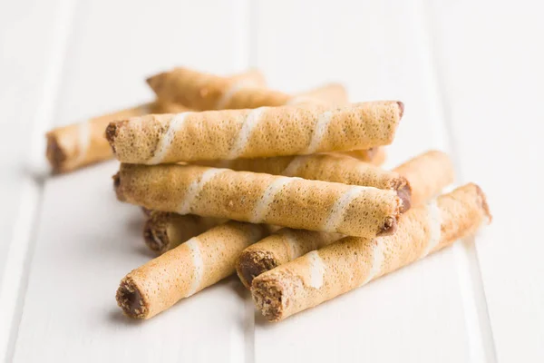 Sweet Chocolate Waffle Rolls White Table — Stock Photo, Image