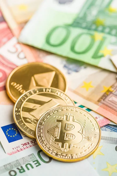 Bitcoin Litecoin Etéreo Criptomoneda Moneda Del Euro —  Fotos de Stock