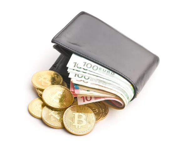 Der Goldene Bitcoin Und Das Eurogeld Der Brieftasche Isoliert Auf — Stockfoto