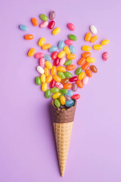 Sweet Jelly Beans Ice Cream Cone Colorful Background — Stock Photo, Image