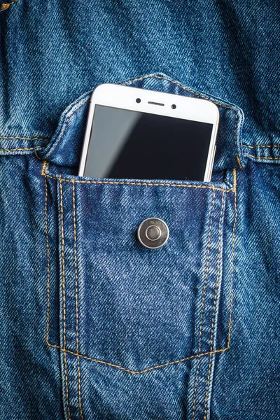 Smartphone Bianco Tasca Giacca Jeans — Foto Stock