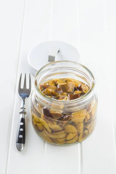 Pickled Mushrooms Marinated Boletus Jar — Stock Photo, Image