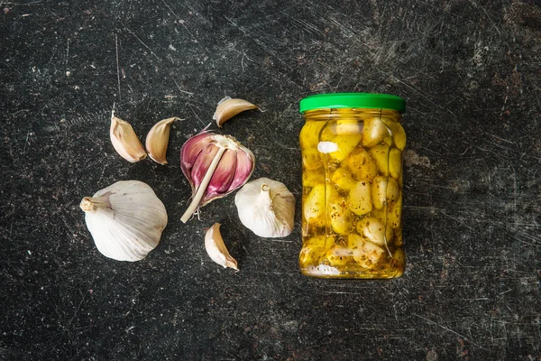 Marinated garlic. Pickled garlic in jar. — Stock Image Marinated Garlic Pickled Garlic Jar Stock Photo