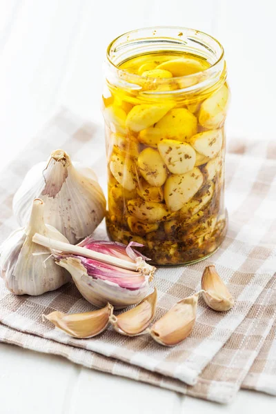 Marinated garlic. Pickled garlic in jar. — Stock Image Marinated Garlic Pickled Garlic Jar Royalty Free Stock Photos