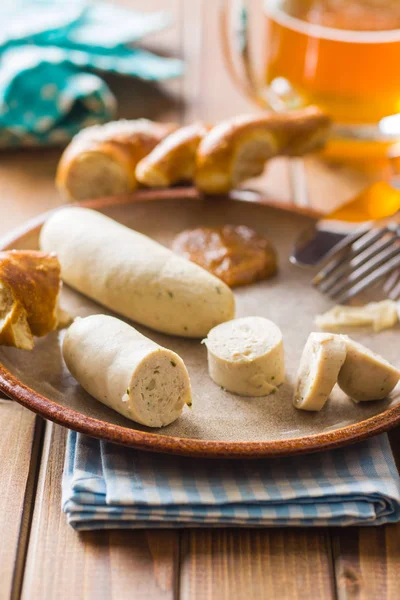 Bavarian Weisswurst Pretzel Mustard Wooden Table — Stock Photo, Image