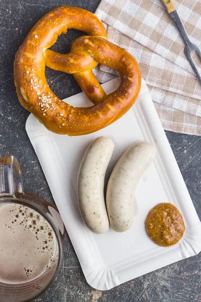 Bavarian Weisswurst Pretzel Mustard Paper Plate Stock Photo