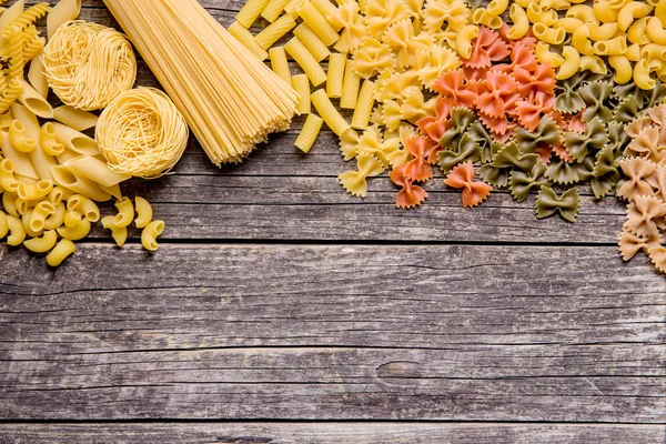 Various Types Italian Pasta Old Wooden Table Top View — Stock Photo, Image