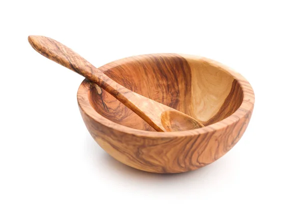 Wooden Bowl Spoon Olive Wood Isolated White Background — Stock Photo, Image