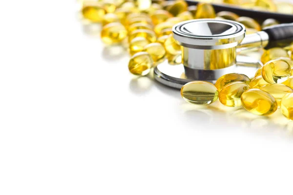 Omega Gel Capsules Fish Oil Pills Healthy Omega Stethoscope Isolated — Stock Photo, Image