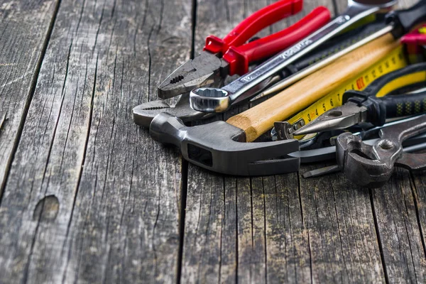 Set Tools Hand Tools Craftsmen Wooden Table — Stock Photo, Image