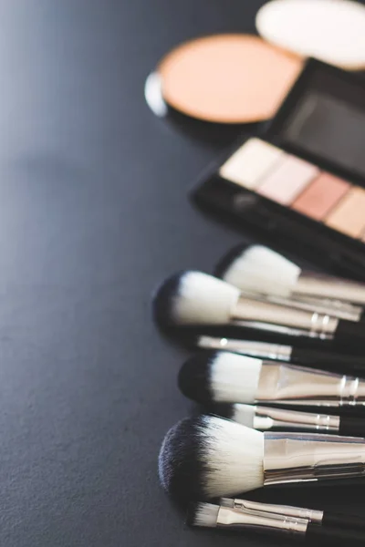 Makeup Products Brush Eyeshadow Powder Black Table — Stock Photo, Image