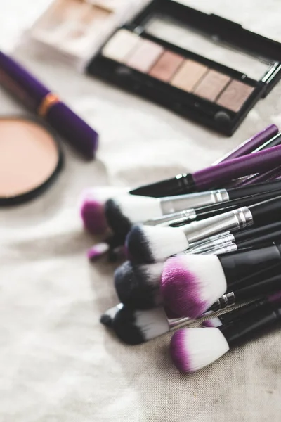 Makeup Brushes Make Accessories Table — Stock Photo, Image