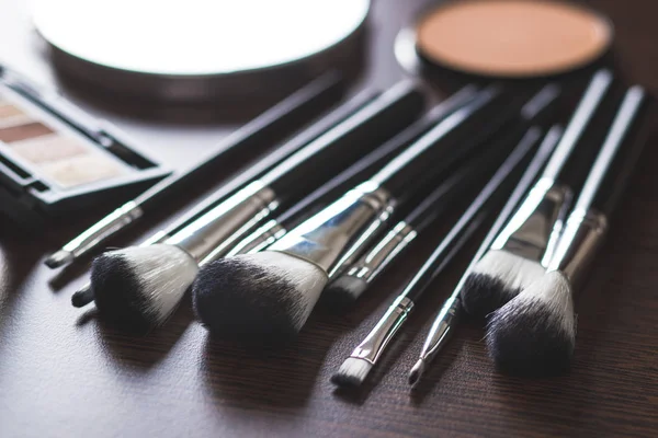 Makeup Brushes Make Accessories Wooden Table — Stock Photo, Image