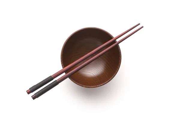 Wooden Bowl Chopsticks Isolated White Background — Stock Photo, Image