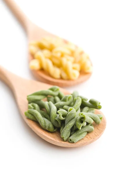 Uncooked Spinach Gemelli Pasta Wooden Spoon Isolated White Background — Stock Photo, Image
