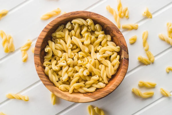 Uncooked Gemelli Pasta Wooden Bowl — Stock Photo, Image