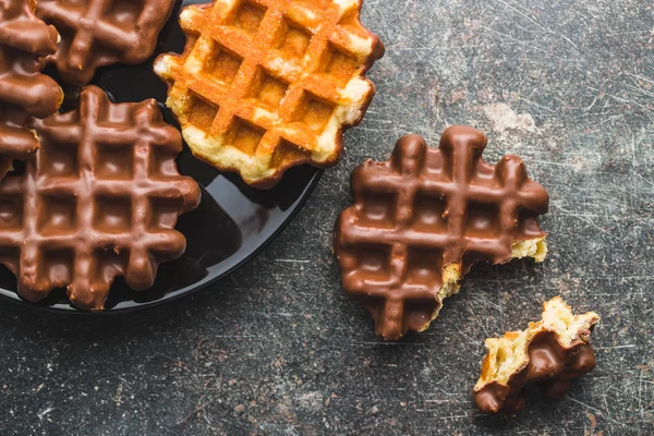 Waffles Chocolate Topping Old Kitchen Table — Stock Photo, Image