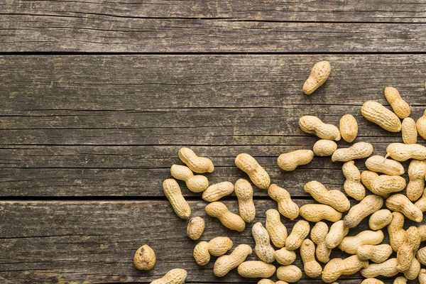 Les Cacahuètes Séchées Arachides Sur Une Vieille Table Bois Vue — Photo