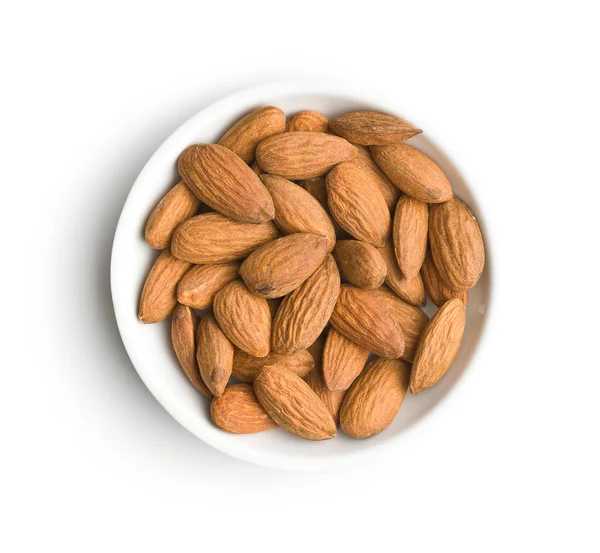 Ořechy Sušené Mandlové Misce Izolovaných Bílém Pozadí — Stock fotografie