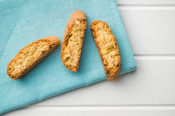 Sweet Cantuccini Biscuits Italian Biscotti Blue Napkin Top View — Stock Photo, Image