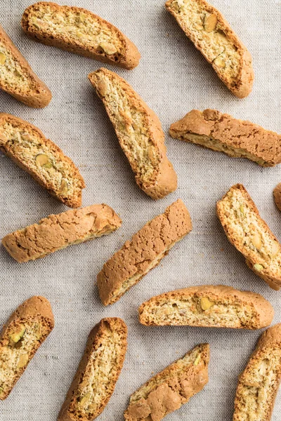 Galletas Dulces Cantuccini Biscotti Italiano Sobre Mantel Vista Superior — Foto de Stock