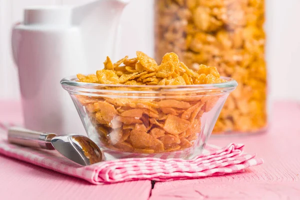 Cereales Para Desayuno Copos Maíz Leche Servilleta Cuadros —  Fotos de Stock