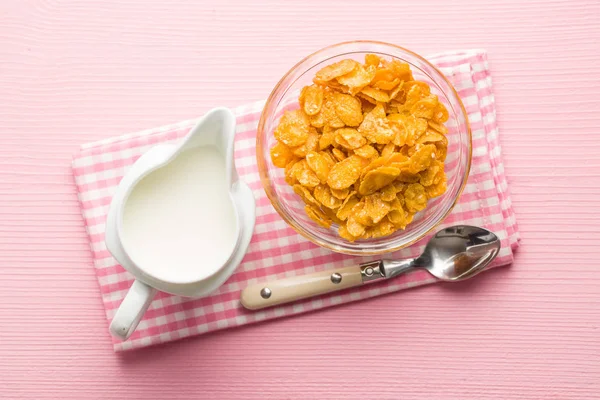 Cereales Para Desayuno Copos Maíz Leche Servilleta Cuadros Vista Superior —  Fotos de Stock