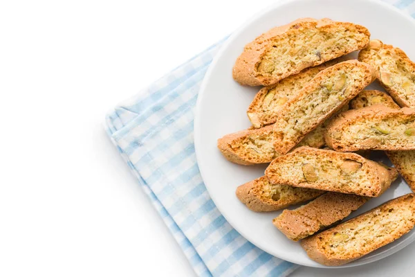 Süße Cantuccini Kekse Italienische Kekse Auf Teller Isoliert Auf Weißem — Stockfoto