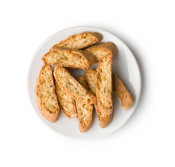 Söta Cantuccini Kex Italienska Biscotti Plattan Isolerad Vit Bakgrund Ovanifrån — Stockfoto