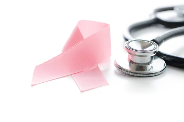 Pink Breast Cancer Ribbon Breast Cancer Symbol Stethoscope Isolated White — Stock Photo, Image