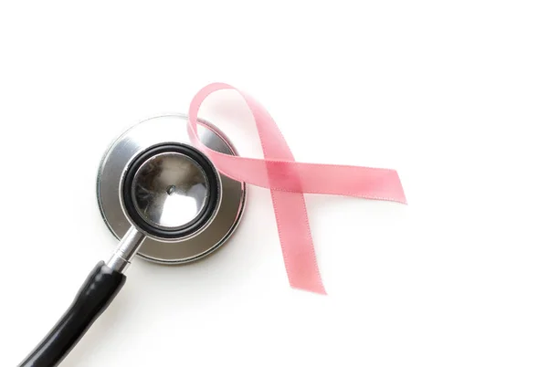 Pink Breast Cancer Ribbon Breast Cancer Symbol Stethoscope Isolated White — Stock Photo, Image