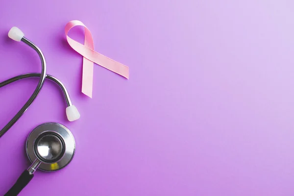 Nastro Rosa Cancro Seno Simbolo Del Cancro Seno Stetoscopio Sfondo — Foto Stock