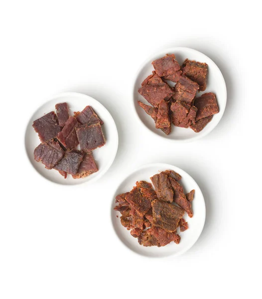 Beef Jerky Pieces Isolated White Background Marinated Dried Meat — Stock Photo, Image