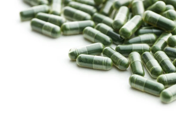 Green Chlorella Pills Green Barley Pills Isolated White Background — Stock Photo, Image