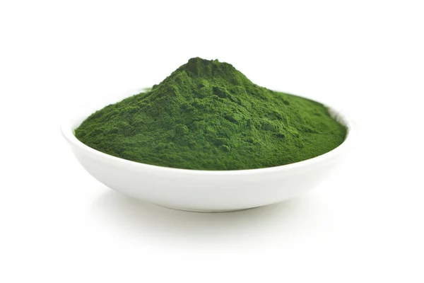 Groene Chlorella Groene Gerst Poeder Kom Geïsoleerd Witte Achtergrond — Stockfoto