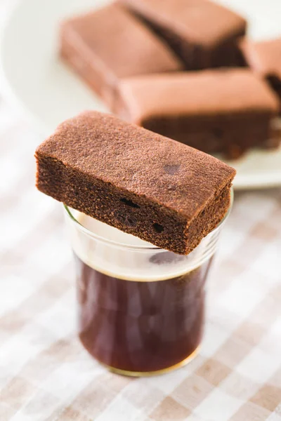 Sweet Chocolate Brownies Glass Coffee — Stock Photo, Image