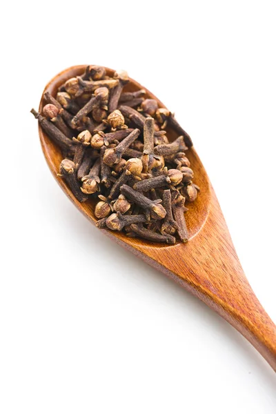 Carnation Dried Clove Spice Wooden Spoon Isolated White Background — Stock Photo, Image