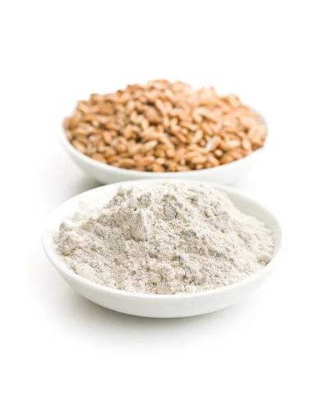 Whole grain wheat flour and wheat grains. — Stock Photo, Image