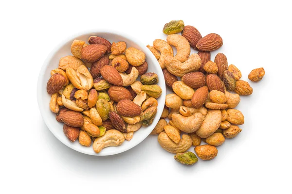 Nueces condimentadas picantes. Mezcla de frutos secos . — Foto de Stock