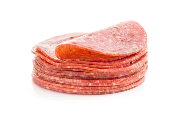 Salami smoked sausage slices with spice chili peppers. — Stock Photo, Image