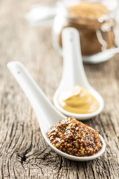 Yellow mustard and whole grain mustard. — Stock Photo, Image