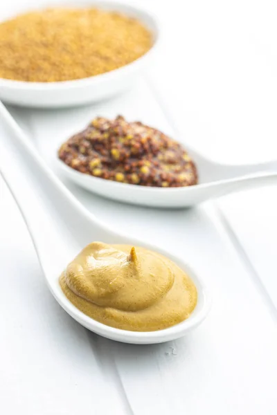 Yellow mustard and whole grain mustard. — Stock Photo, Image