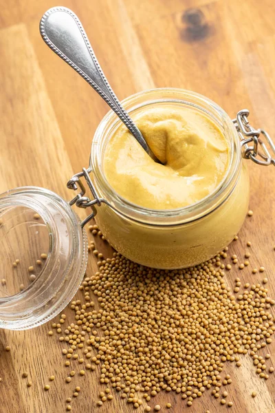 The yellow mustard in jar. — Stock Photo, Image